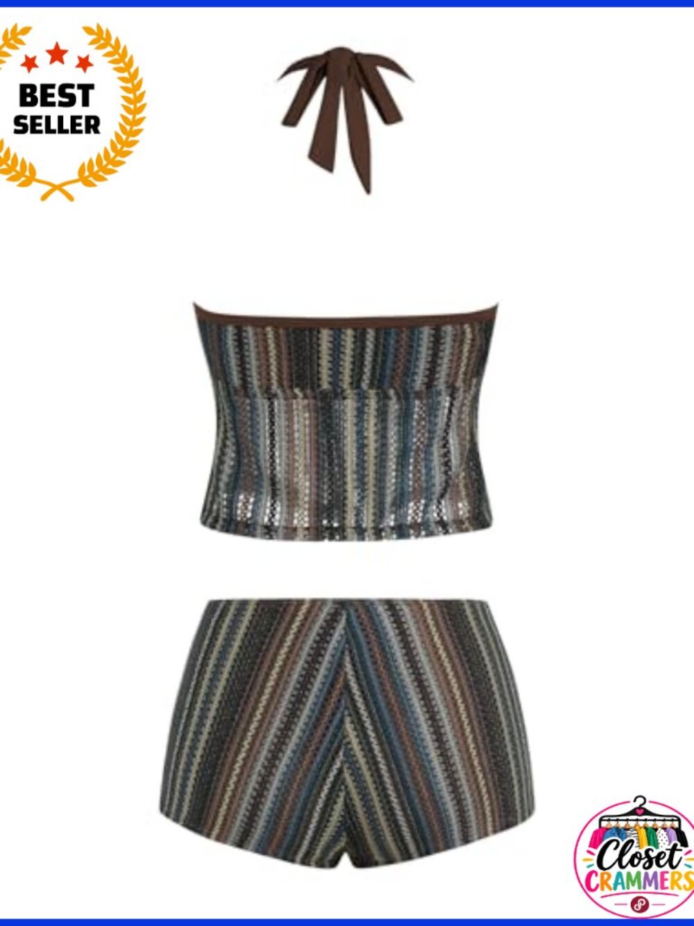 Women Striped Halter Front Tie Tankini Two Piece Boyshort Swimsuit - Picture 2 of 5
